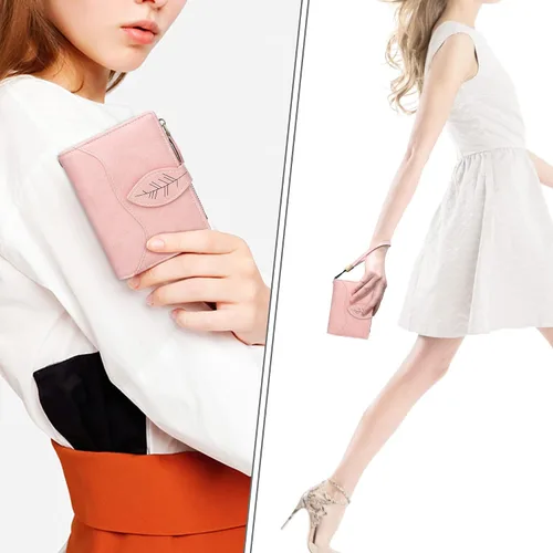 Vista 2 de CONISY Cartera pequeña para mujer, cartera compacta de cuero plegable con correa de muñeca con bloqueo RFID para mujer, Rosado, Moderno