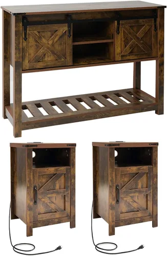 Vista 20 de Juego de mesa auxiliar de granja con estación de carga, mesas de sala de estar con almacenamiento oculto, mesas de noche cuadradas de madera, mesita