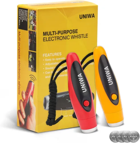 Vista 11 de UNIWA Silbatos electrónicos, 2 unidades de silbato de mano de 3 tonos de alto volumen con cordón para profesor, entrenador, árbitro, silbato