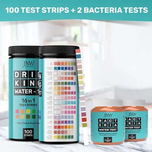 Vista 2 de JNW Direct Kit de prueba de agua potable 17 en 1, 100 tiras + 2 kits de prueba de bacterias, para pozo, grifo, hogar, tira de prueba de agua