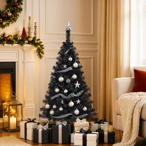 Vista 6 de [Usado] Yaheetech Árbol de Navidad artificial de pino abeto negro con bisagras y luces incorporadas de 4.5 pies para Halloween, árbol de Navidad