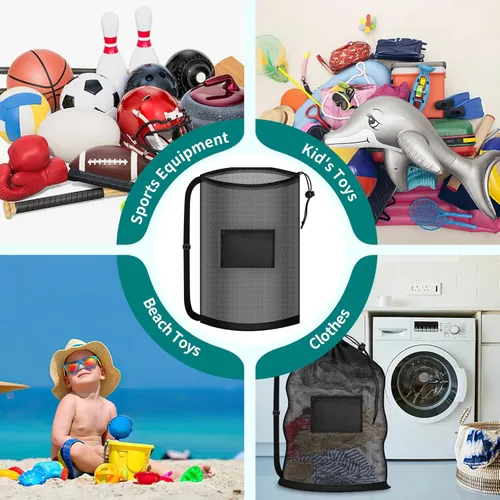 Vista 5 de Bolsa de pelota de fútbol extragrande, bolsa de malla con cordón de 40 x 30 pulgadas con bolsillo, bolsa de red deportiva resistente