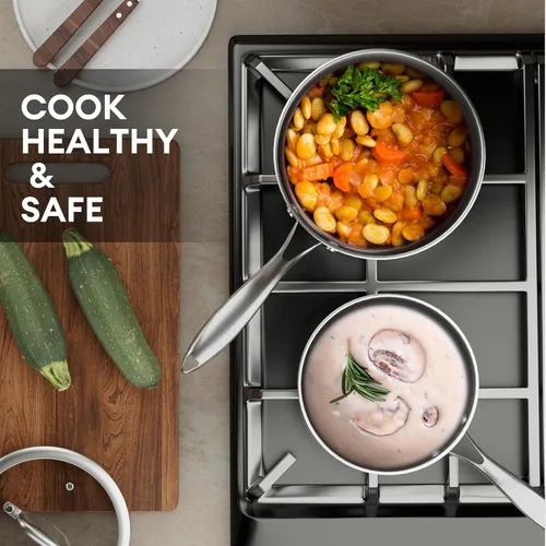 Vista 4 de COOKER KING Cacerola de acero inoxidable de 3 cuartos, sartén antiadherente, olla de cerámica con tapa de vidrio templado, olla de inducción