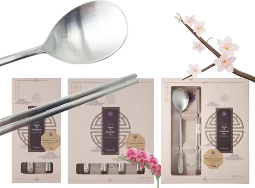 Vista 3 de [2 Set] [Hecho en Corea] Juego de palillos de cuchara de arroz pegajosa de estilo coreano con diseño de orquídea 304 cucharas de sopa de acero