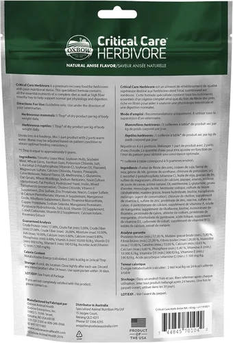 Vista 2 de Oxbow Critical Care Herbivore, Alimento de Emergencia para Cobayas, Comida para Conejos para Recuperación, Sabor Natural a Anís, Fórmula