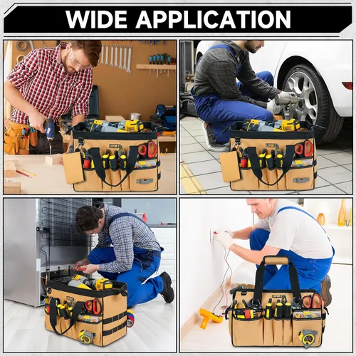 Vista 7 de Bolsa de herramientas de 15 pulgadas, 38 bolsillos para hombres, organizador de caja de herramientas resistente, bolsa de herramientas de boca Marrón