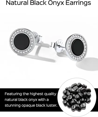 Vista 2 de ChicSilver Pendientes de tuerca de plata de ley 925 con runa vikinga de ónix negro natural para mujeres y hombres