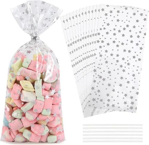 Vista 8 de 100 bolsas de celofán, bolsas de celofán transparente impresas con estrellas doradas de 3 x 5 pulgadas, 100 lazos giratorios, para envolver regalos