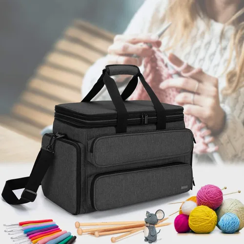 Vista 8 de Yarwo Bolsa de hilo para tejer, bolsa de almacenamiento portátil de ganchillo con doble cubierta superior y agujeros de hilo para agujas de tejer