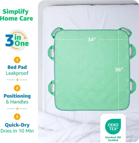 Vista 2 de Improvia Almohadilla de cama de posicionamiento, con 8 asas reforzadas, de secado rápido, lavable, impermeable, para levantar, girar, trasladar