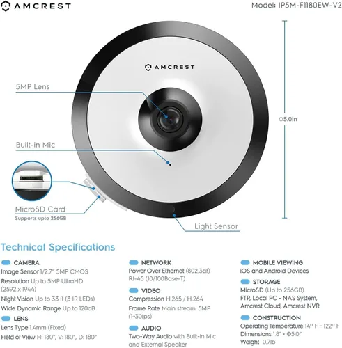 Vista 6 de Amcrest Cámara IP POE de ojo de pez, Cámara IP POE panorámica de 360° de 5 megapíxeles, Cámara de seguridad de ojo de pez