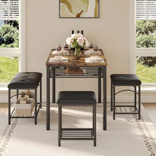 Vista 11 de GarveeHome Juego de mesa de comedor para 4 personas con bancos tapizados y 2 taburetes, moderna mesa de desayuno de cocina que ahorra espacio, ideal