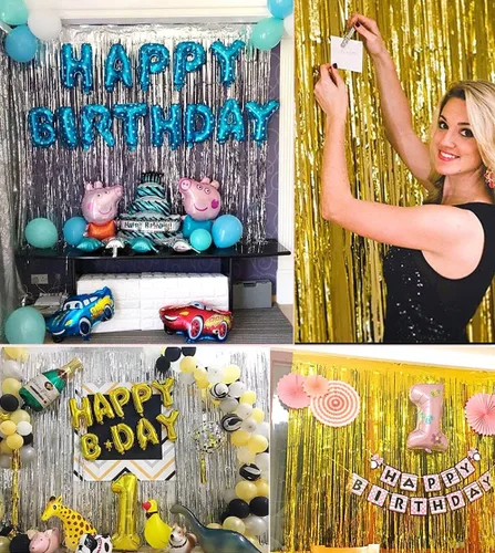 Vista 2 de Paquete de 3 cortinas de telón de fondo, serpentinas de flecos de oropel, decoraciones de cumpleaños, decoración de fiesta de discoteca