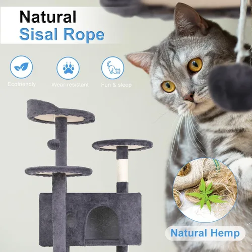 Vista 4 de FDW Torre de árbol para gatos de 54 pulgadas Ceniciento Centro de actividades de interior de varios niveles con postes rascadores de sisal