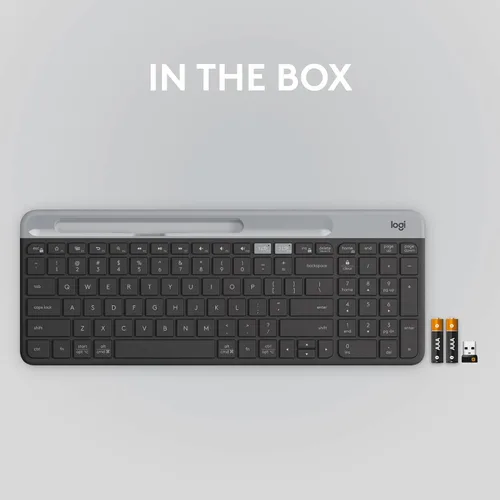 Vista 9 de Logitech K585 Teclado inalámbrico delgado multidispositivo, base integrada para dispositivo; para laptop, tableta, escritorio, teléfono inteligente