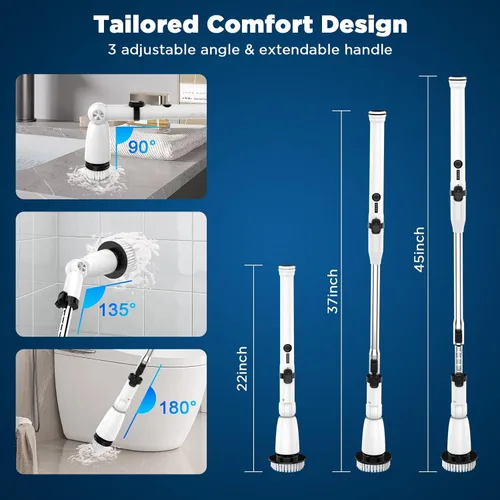 Vista 5 de Limpiador eléctrico giratorio, limpiador de baño mejorado, cepillo de limpieza de ducha eléctrico con mango extensible y 4 cabezales de cepillo