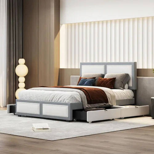 Vista 149 de Elegante cama con plataforma tapizada de terciopelo de tamaño Queen con cabecero, para niños, niñas y adolescentes (beige @cabecero/, Queen)