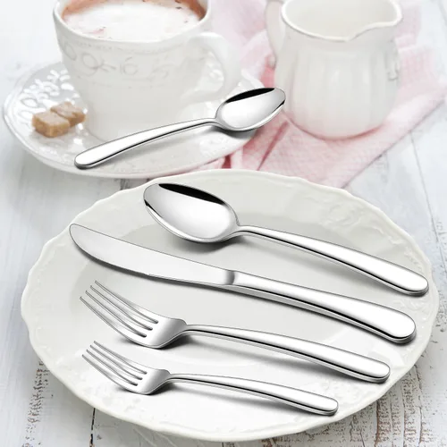 Vista 9 de Herogo Juego de cubiertos de acero inoxidable resistente, 20 piezas de cubiertos elegantes para 4, vajilla moderna para el hogar, restaurante, boda