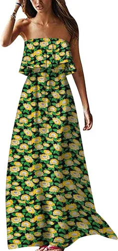 ZMPSIISA - Vestido largo de verano con hombros descubiertos para mujer vestido largo sin tirantes, con volantes, color azul y blanco estilo bohemio,