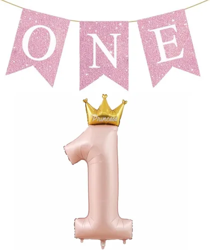 Vista 5 de Globos de princesa rosa de 40 pulgadas con el número 1 y pancarta dorada de un cumpleaños para niñas, suministros de decoración de primera fiesta