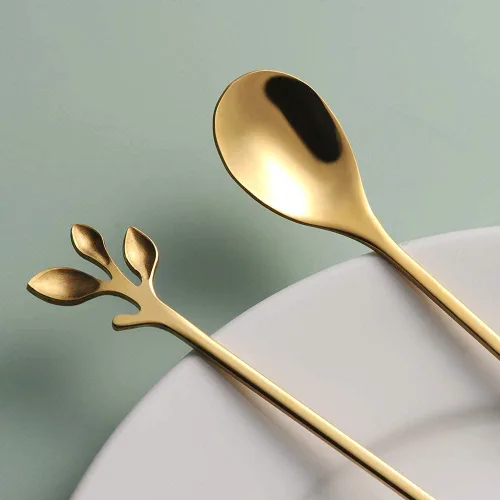 Vista 6 de AnSaw Juego de 12 cucharas de café y té doradas de 6.5 pulgadas con diseño de hojas largas, de acero inoxidable, para expreso, té helado, accesorios