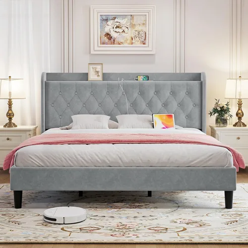 Vista 36 de koorlian Base de cama Queen con cabecero, base de cama tapizada ajustable con puertos tipo C y USB, cabecera de almacenamiento con respaldo de ala