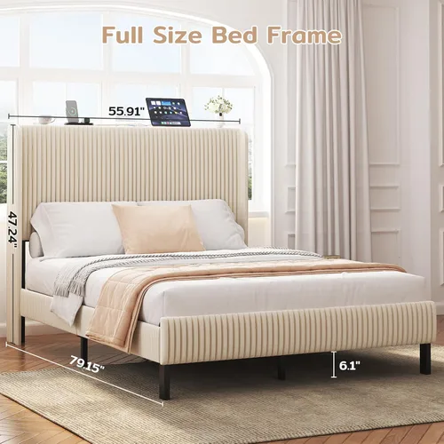 Vista 2 de Base de cama de terciopelo de tamaño matrimonial con cabecera tapizada, cabecera de almacenamiento de terciopelo copetudo, marcos de cama
