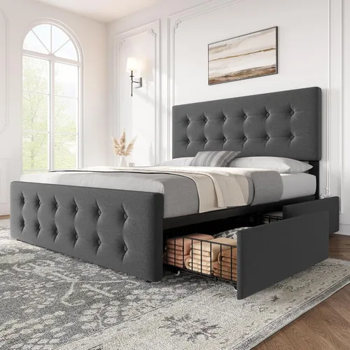 IDEALHOUSE base de cama tamaño matrimonial con 4 cajones de almacenamiento y cabecera ajustable, base de colchón tapizada con lino amigable con la