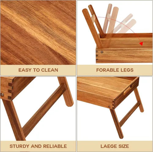 Vista 6 de Mesa baja de acacia de 2 piezas para sentarse en el suelo, bandeja de desayuno con patas y asas, bandeja plegable de madera para servir desayuno