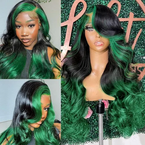 Vista 3 de haha Peluca de Encaje Frontal Degradado Negro Verde de Cabello Humano con Mechas Verde Esmeralda Peluca de Encaje Frontal Pre-Desplumada Raya