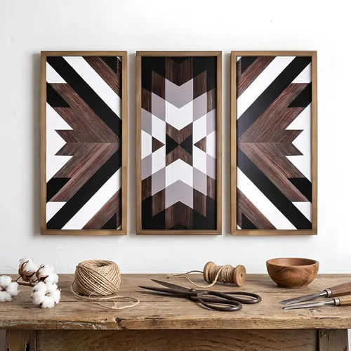 Vista 5 de flangairy Decoración de Pared Azteca 3 piezas, Arte de Pared Occidental de Madera, Tribal Nativo Americano del Suroeste Boho Sala de Estar