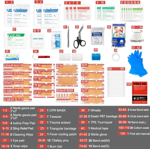 Vista 4 de Kit de primeros auxilios para viajes, automóvil y supervivencia de emergencia, suministros médicos compactos e impermeables con vendajes de trauma
