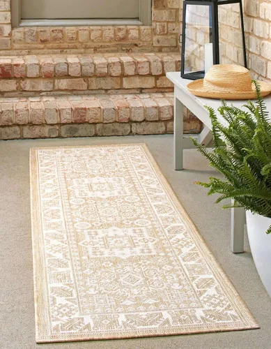 Vista 200 de Unique Loom Outdoor Aztec Collection Alfombra de área - Chalca (10 pies, redonda, azul/marfil)