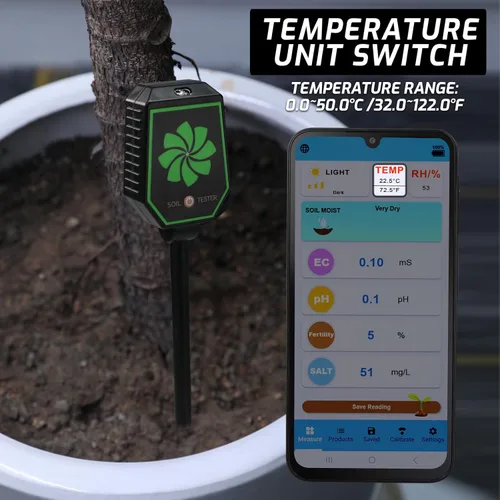 Vista 5 de Medidor de suelo Bluetooth 8 en 1 para monitoreo de pH, EC, humedad, fertilidad, temperatura, luz y humedad con control de aplicaciones en tiempo