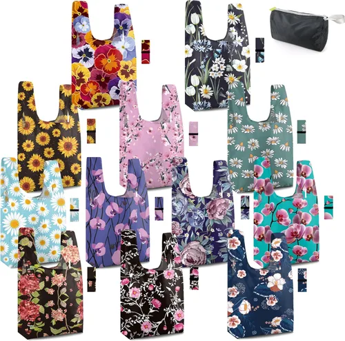 Vista 18 de BeeGreen Bolsas de comestibles reutilizables plegables, paquete de 12 bolsas grandes y bonitas, bolsa de regalo de tela lavable resistente con asas