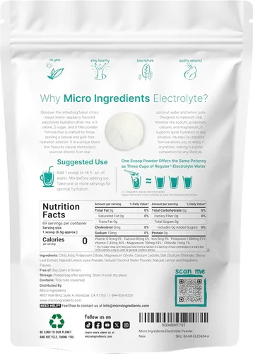 Vista 2 de Micro Ingredients Polvo de electrolito de hidratación, 1 libra (69 porciones), sabor a frambuesa y limón, alto contenido de potasio (1,000 mg) +