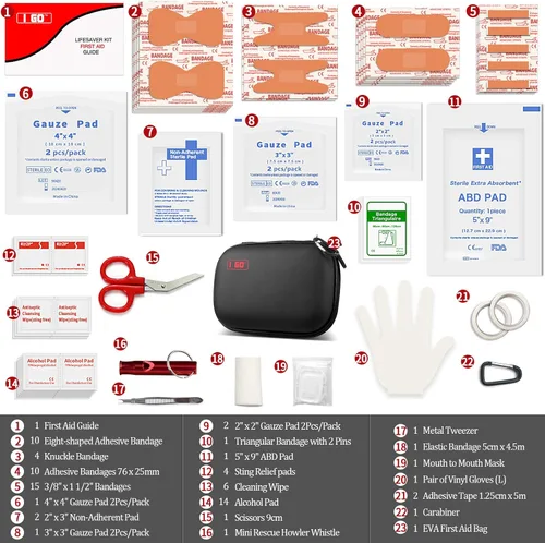 Vista 4 de I GO Kit de primeros auxilios compacto de 85 piezas, pequeño kit de supervivencia de emergencia personal para viajes, senderismo, camping