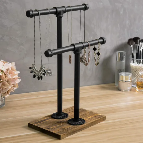 Vista 2 de MyGift Soporte de exhibición de joyería industrial ajustable de 2 niveles, tubo de metal rústico y base de madera marrón para collares, pulseras