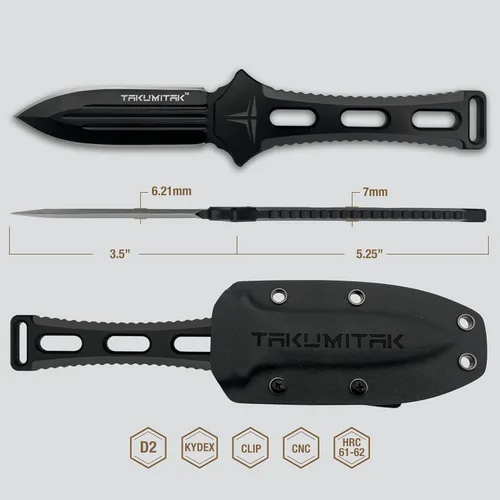 Vista 2 de TAKUMITAK Cuchillo de hoja fija Hunting & Survival - Acero D2, mango G10, funda Kydex, clip Molle, negro TKF205BK
