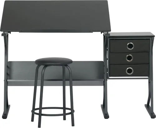Vista 4 de Eclipse Ultra - Mesa de dibujo con taburete, parte superior ajustable en ángulo, estantes de almacenamiento y cajones de 2 piezas