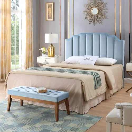 Vista 6 de 24KF - Cabecera con tapiz capitoné de terciopelo, diseño moderno de canales verticales y tablero curvo, para cama Queen/matrimonial, celeste