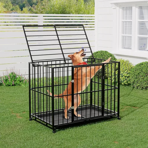 Vista 5 de Heavy Duty Stainless Steel Dog Crate for Large Dogs - Indestructible & Escape-Proof Kennel with Locking Wheels - Collapsible, Chew-Resistant