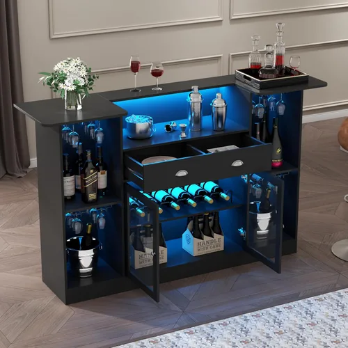 Vista 5 de Loomie Armario de mesa de bar con LED y cajón, mini barra de licor con almacenamiento de 8 niveles y soporte para vasos, soporte de barra de alcohol