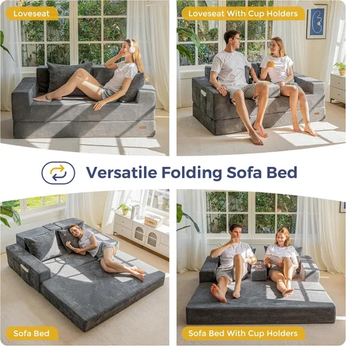 Vista 6 de MAXYOYO Sofá cama biplaza, sofá de piso plegable 4 en 1 en una caja con 2 portavasos, sofá convertible sin armazón, silla reclinable plegable