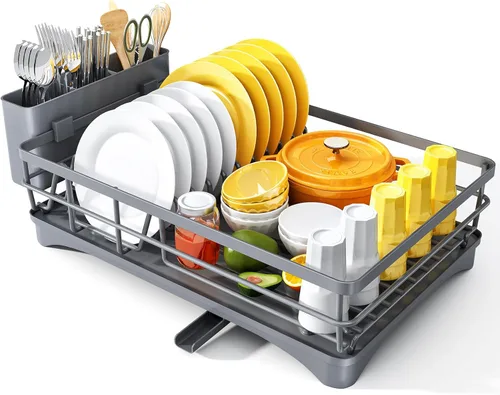 Vista 10 de SNTD Escurridor de platos para encimera de cocina - Escurridor grande con bandeja de drenaje, escurridor de platos a prueba de óxido con soporte