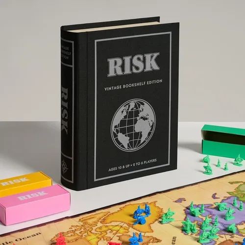 Vista 6 de WS Game Company Risk Vintage Bookshelf Edition, caja de libros y funda envuelta en lino, variante de misión secreta y 6 ejércitos, juegos de mesa
