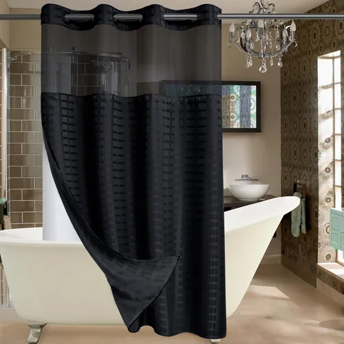 Vista 30 de Conbo Mio - Cortina de baño sin ganchos con forro extraíble, impermeable, inoxidable con anillos flexibles Check-blanco