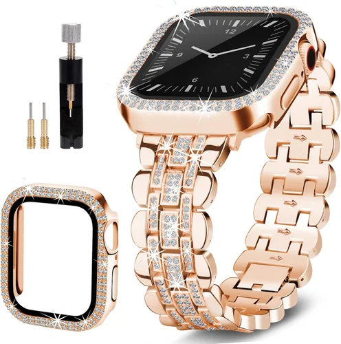 Vista 11 de Correa Bling Compatible con Apple Watch de 1.57 Pulgadas para Mujeres, Correa de Joyería de Diamantes, Correa de Repuesto de Metal, Pulsera