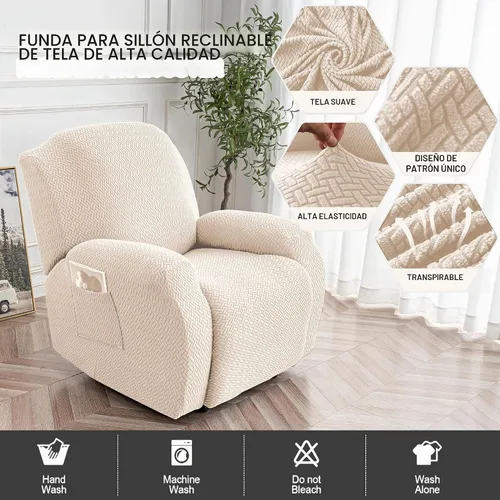 Vista 2 de Genina Funda para Silla Reclinable, Fundas Elásticas para Sillas Reclinables, Fundas para Sofá Reclinable con Rayas Jacquard, Fundas para Sofá Beige