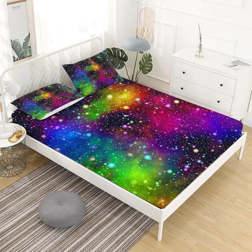 Vista 4 de Juego de sábanas bajeras de galaxia para niñas y niños, 2 piezas, 1 sábana de bolsillo profundo con 1 funda de almohada de microfibra sin arrugas